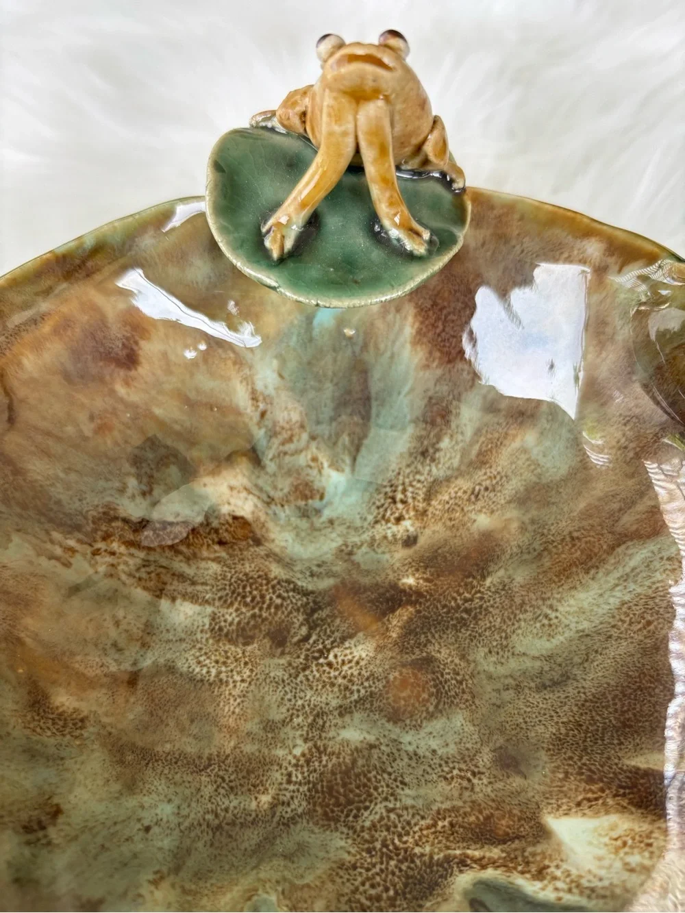 Vintage Majolica Ceramic Frog Accent Serving Bowl in Green and Brown